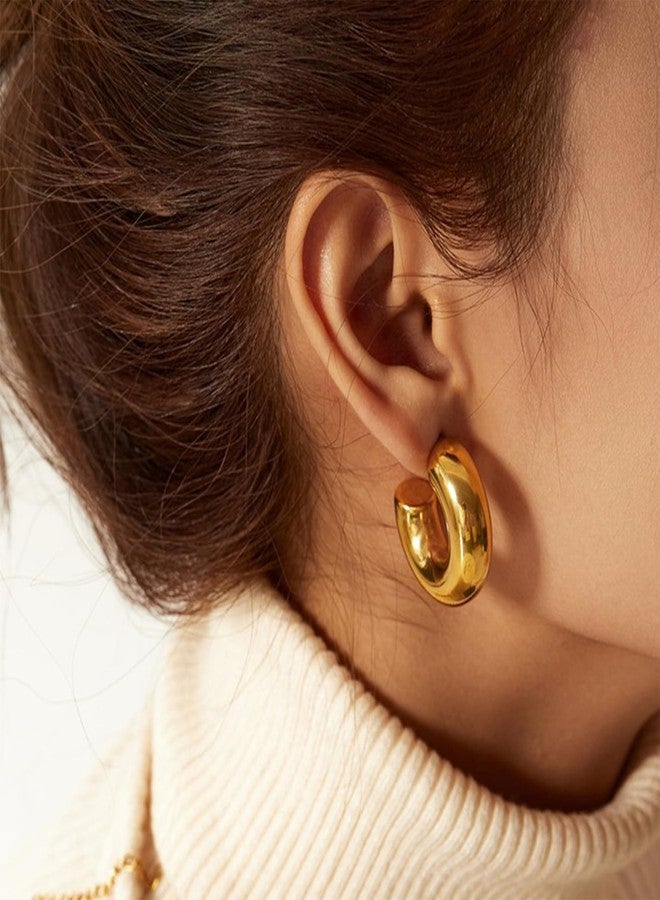 Moodear Chunky Dainty 14K Gold Plated Hoops Earring - Trendy Thick Hoop Hypoallergenic Earrings for Women Non Tarnish - Image 3